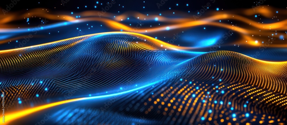 Abstract waves of blue and orange light create a dynamic, digital landscape. Abstract waves of blue and orange light create a dynamic, digital landscape.