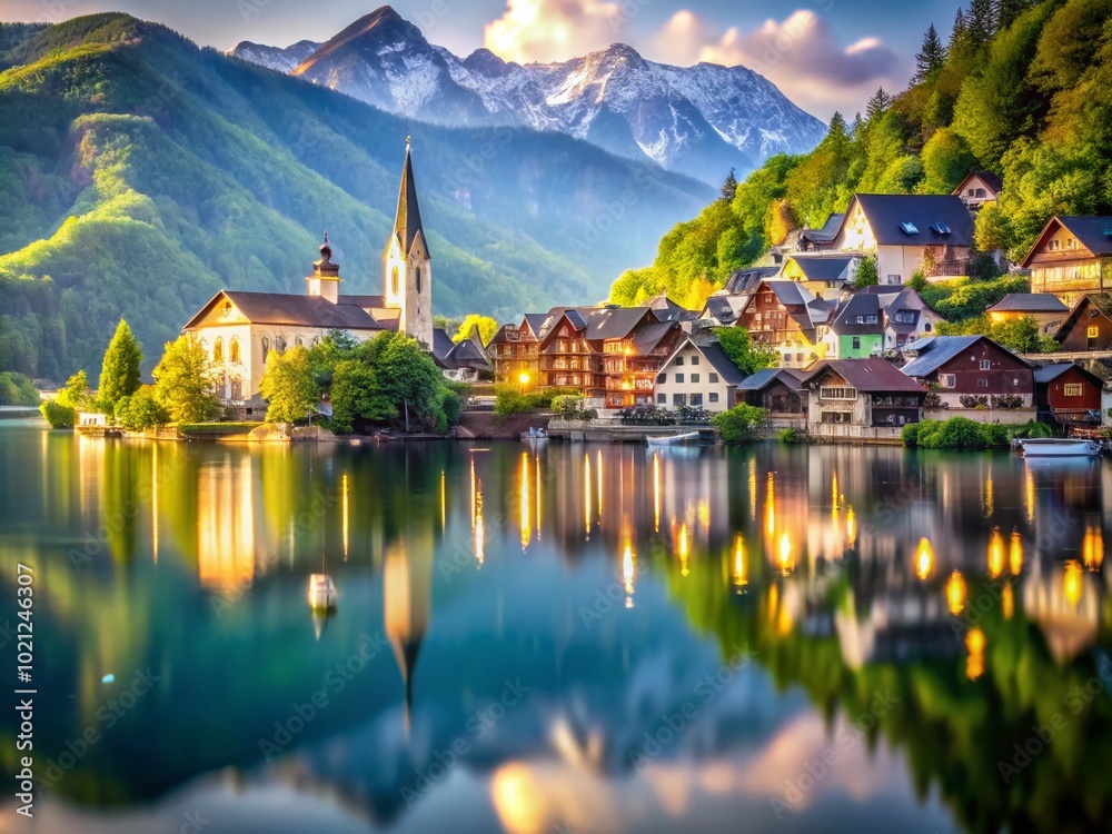 Beautiful Halstat Village Reflected in the Serene Waters of the Lake Amidst Majestic Mountains Beautiful Halstat Village Reflected in the Serene Waters of the Lake Amidst Majestic Mountains