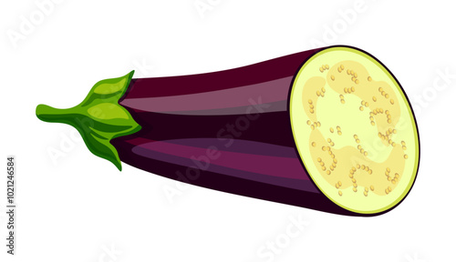 Eggplant in cartoon style. Vector illustration of a delicious eggplant half with a green stem isolated on a white background. Useful vegetables. Healthy and nutritious food.