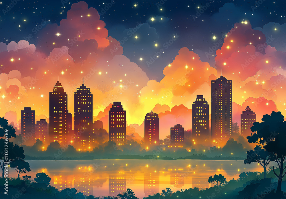 Fototapeta premium Watercolor painting. Colorful and unusual skyscraper artwork at night with stars and clouds in the sky. City skyline at night.