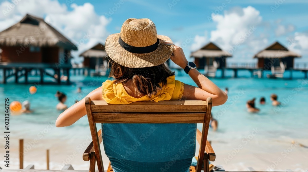 Obraz premium A woman in a straw hat relaxes in a beach chair, gazing at a serene tropical resort with clear waters and distant structures, This image is perfect for travel blogs, relaxation themes