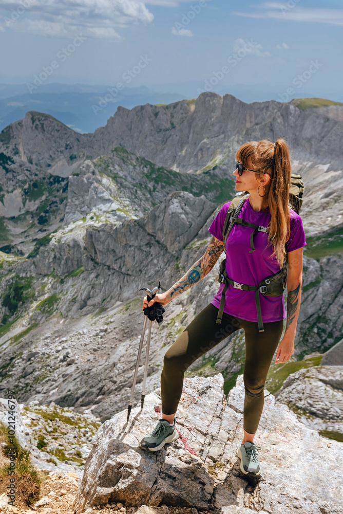 Female Traveler Standing Alone on Mountain Peak