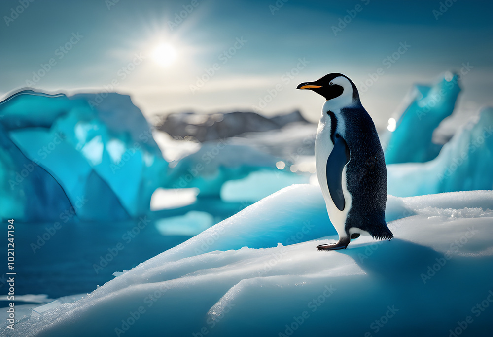 Obraz premium A penguin stands on top of a blue iceberg. This image is illuminated by the sky.