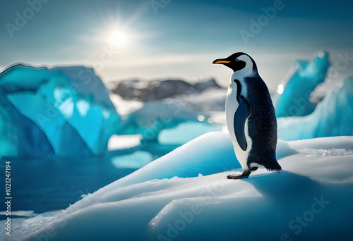 A penguin stands on top of a blue iceberg. This image is illuminated by the sky. photo