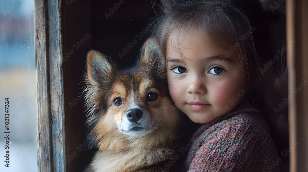 A portrait of a child holding a pet, both looking curiously at the camera, radiating warmth and innocence
A portrait of a child holding a pet, both looking curiously at the camera, radiating warmth and innocence
