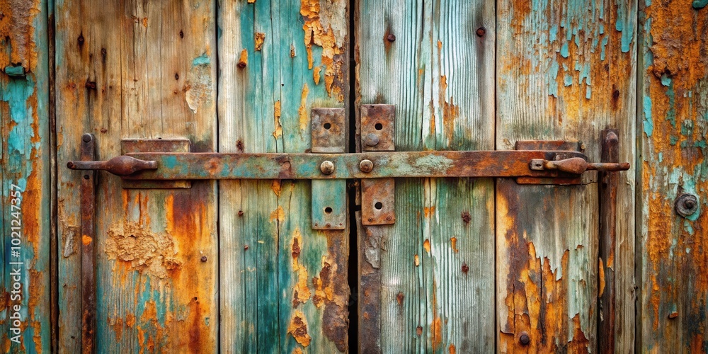 A weathered wooden door with a rusty metal latch, showcasing the passage of time and the resilience of materials. A weathered wooden door with a rusty metal latch, showcasing the passage of time and the resilience of materials.