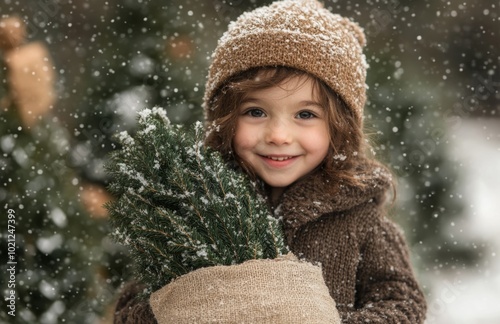 Happy Child Carrying Christmas Tree in Snowy Forest