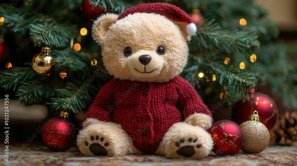 A cozy teddy bear dressed in a red sweater and Santa hat sits under a Christmas tree, surrounded by festive ornaments, Ideal for holiday themes, greeting cards, and cheerful marketing, A cozy teddy bear dressed in a red sweater and Santa hat sits under a Christmas tree, surrounded by festive ornaments, Ideal for holiday themes, greeting cards, and cheerful marketing,