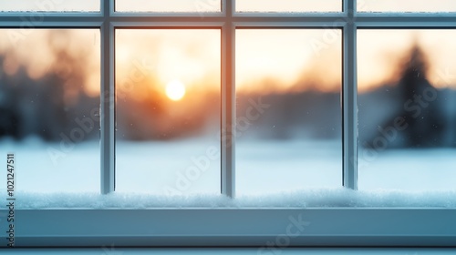 Frostcovered windowpane with blurred snowy landscape beyond, soft morning light, intimate closeup shot