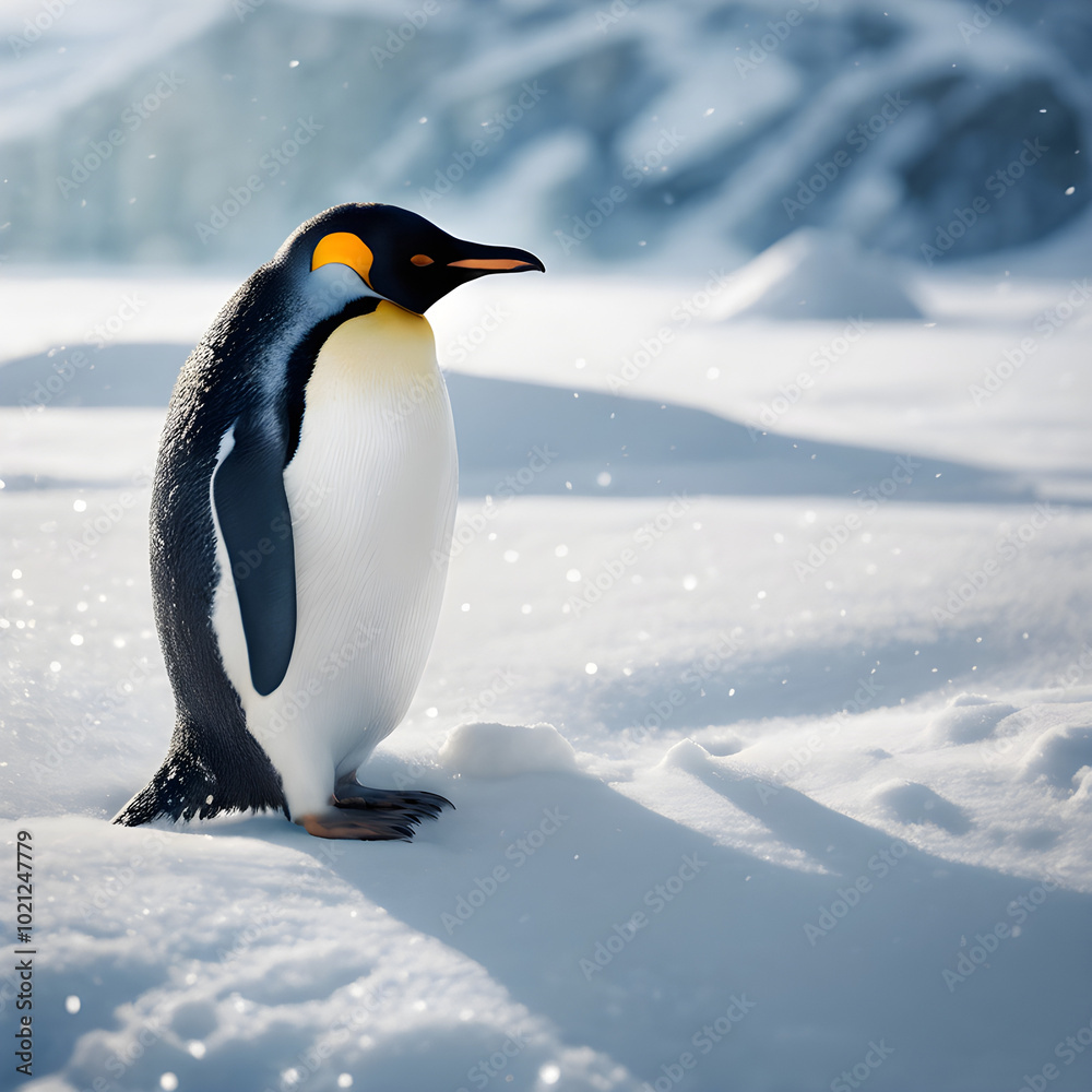 Fototapeta premium A penguin perches on a small ice cube in a cute pose. The soft light softens the image.