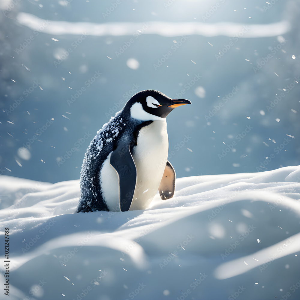 Fototapeta premium A penguin stands next to an ice peak in the cold light. The color of the ice and its feathers contrast beautifully.