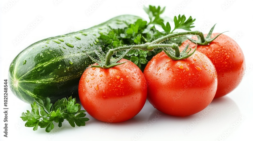 Fresh, ripe tomatoes, a cucumber, and parsley leaves with water droplets on a white background. Fresh, ripe tomatoes, a cucumber, and parsley leaves with water droplets on a white background.