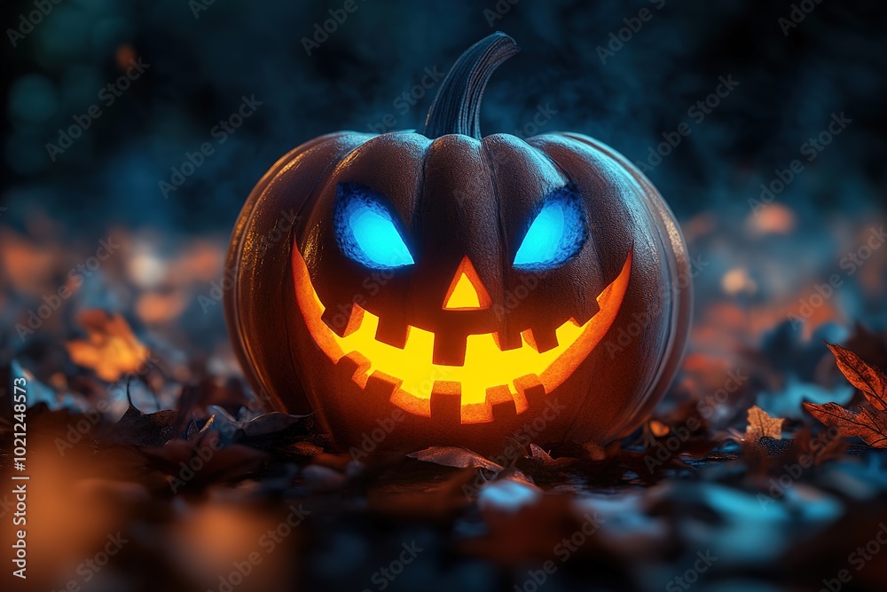 3D render of a Halloween pumpkin with glowing blue eyes on a dark background 3D render of a Halloween pumpkin with glowing blue eyes on a dark background