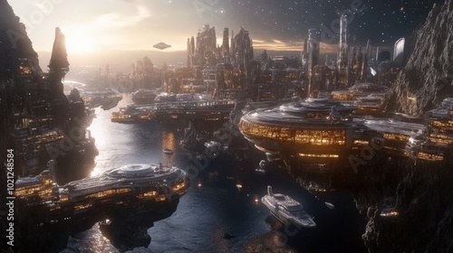 Futuristic cityscape with high-tech buildings overlooking a serene water body at dusk.