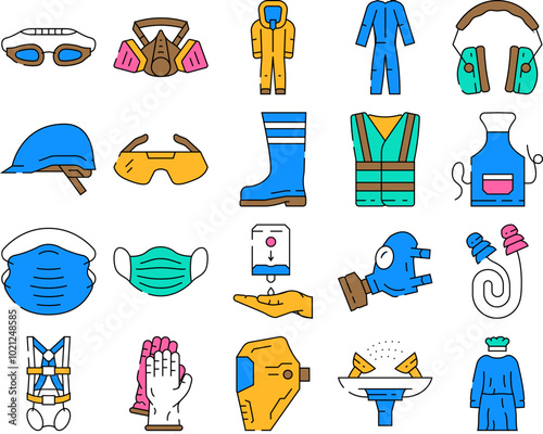 personal protective equipment ppe icons set vector. safety mask, medical doctor, hospital virus, health, glasses disease, construction personal protective equipment ppe color Contour Illustrations photo