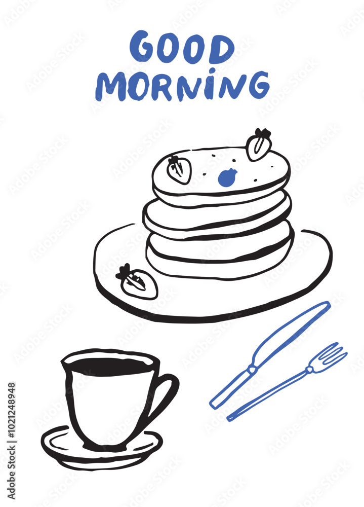 Pancakes on plate, good morning cafe poster, modern doodle style. Bold black drawing of served breakfast Pancakes on plate, good morning cafe poster, modern doodle style. Bold black drawing of served breakfast