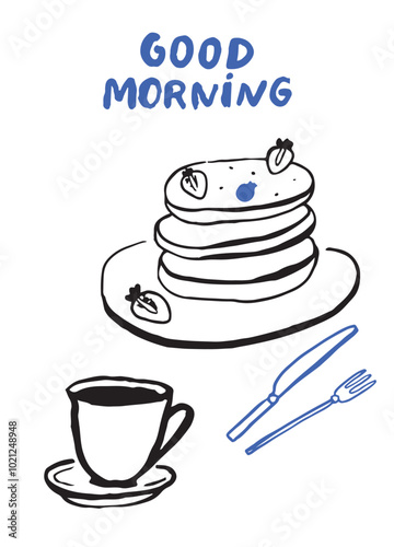 Pancakes on plate, good morning cafe poster, modern doodle style. Bold black drawing of served breakfast