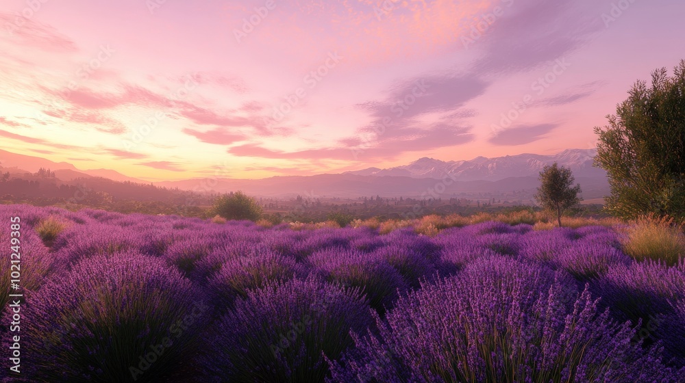 Vibrant lavender fields at sunset with a mountain backdrop and pink-hued sky. Vibrant lavender fields at sunset with a mountain backdrop and pink-hued sky.