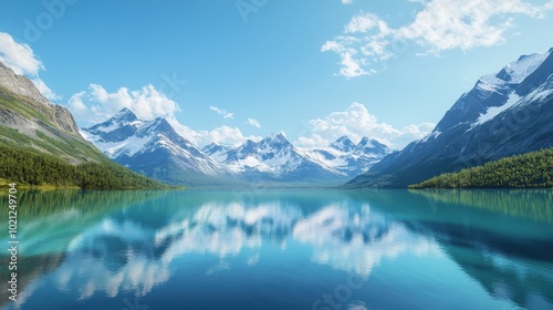 Stunning view of serene turquoise lake reflecting snow-capped mountains under a clear blue sky.