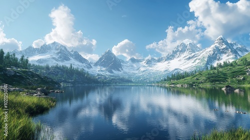 Majestic snow-capped mountains reflecting in a serene lake under a vibrant blue sky.