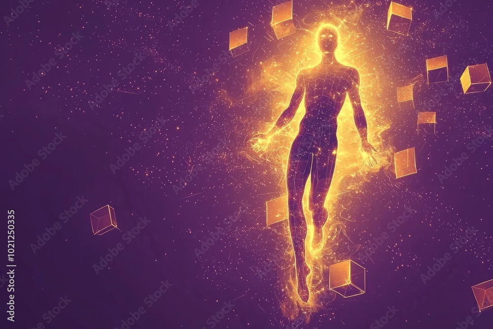 Glowing Human Figure Surrounded by Cubes in a Purple and Yellow Cosmic Background Glowing Human Figure Surrounded by Cubes in a Purple and Yellow Cosmic Background