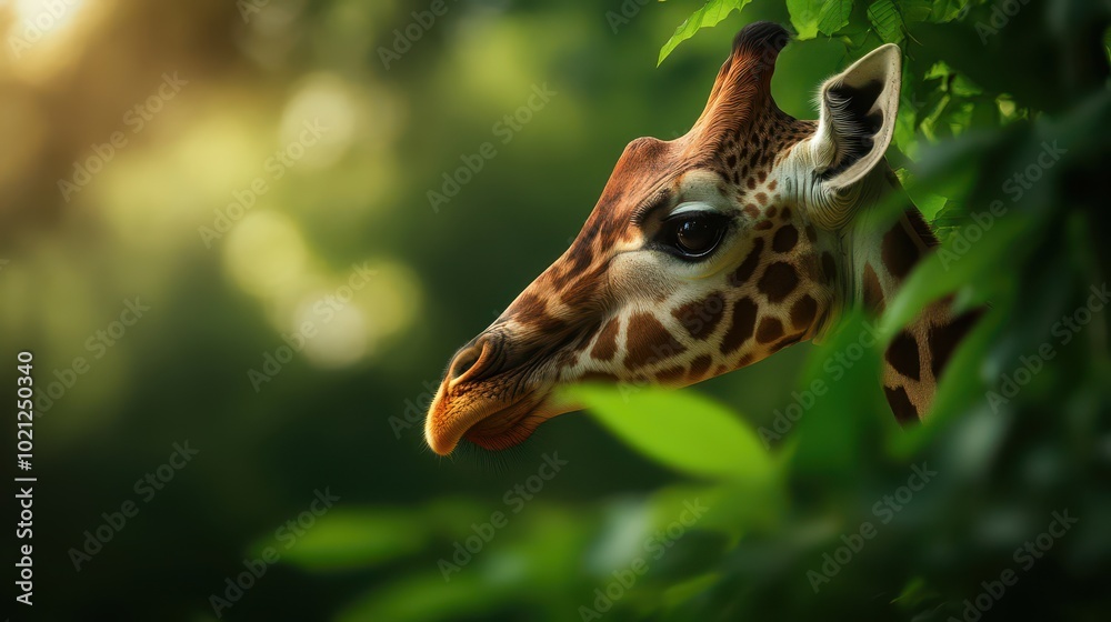 Fototapeta premium Giraffe peeking through lush green foliage in a serene environment.