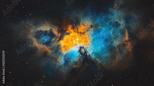 Vivid cosmic nebula glowing with vibrant blue and orange hues in the vastness of space.