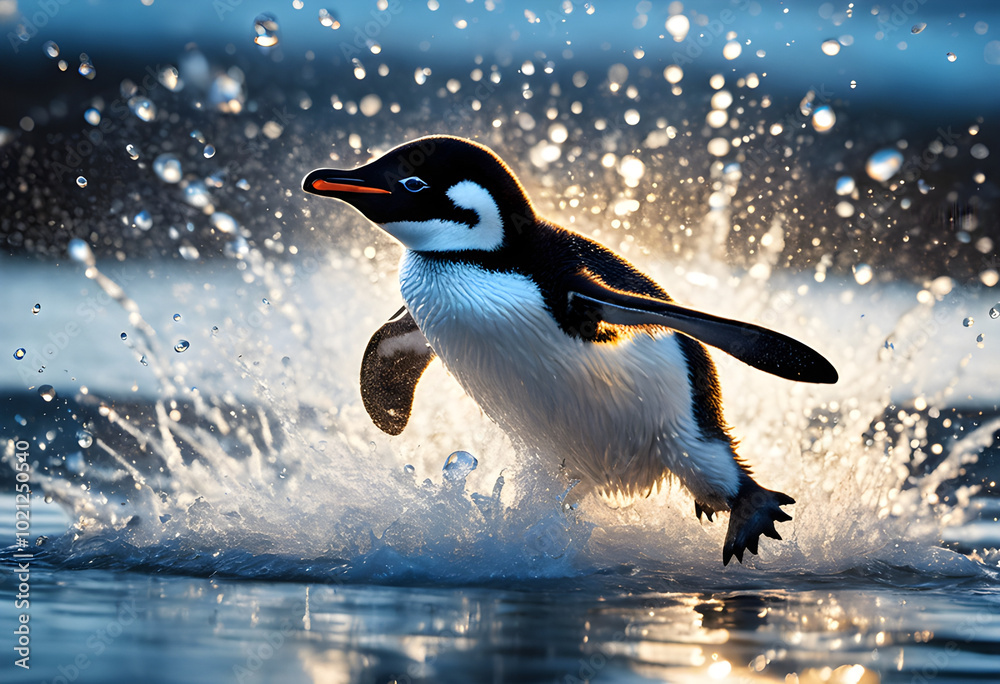 Fototapeta premium A little penguin jumps out of the water and is splashed with water droplets. The sunlight makes it look lively.