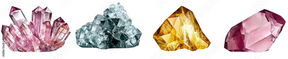 A collection of colorful crystal gemstones on a white isolated background. A collection of colorful crystal gemstones on a white isolated background.