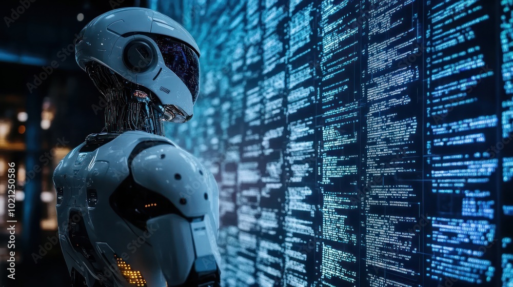 A futuristic robot interacting with a digital data display in a tech environment. A futuristic robot interacting with a digital data display in a tech environment.