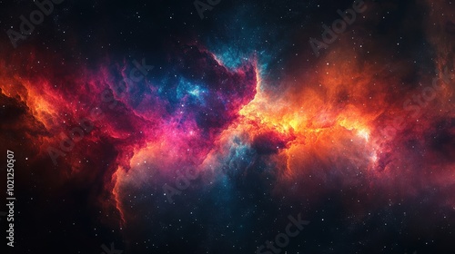Vibrant, colorful nebula with swirling cosmic clouds and distant stars.