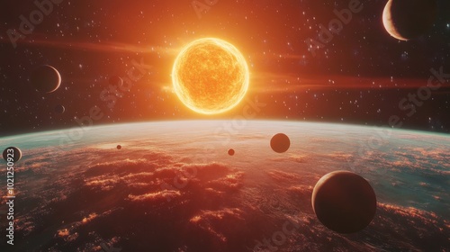 Majestic sunrise over a distant extraterrestrial planet with multiple moons.