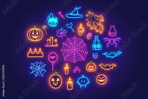 A neon sign showing various Halloween icons such as glowing candles, spider webs, pumpkins, and skulls in bright colors on a dark background. 