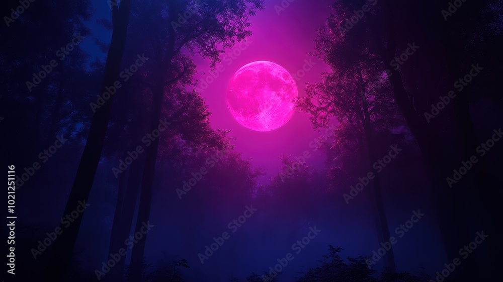 Fototapeta premium Mysterious forest with a vibrant pink moon illuminating the foggy trees.