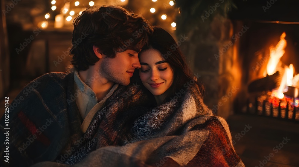 Obraz premium A young couple sharing a tender moment, wrapped in a warm blanket, set against a cozy fireplace