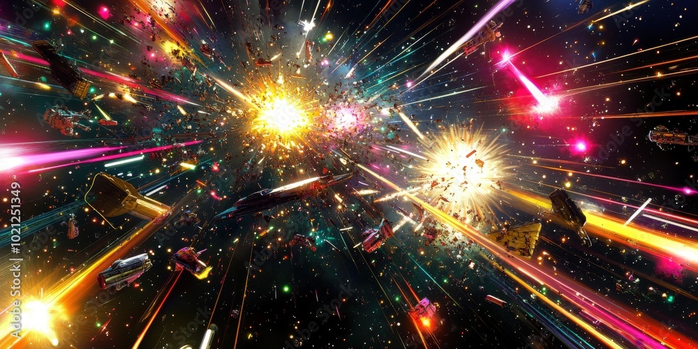 Vivid explosion of colors in a dynamic cosmic space battle scene. Vivid explosion of colors in a dynamic cosmic space battle scene.