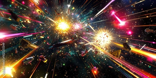 Vivid explosion of colors in a dynamic cosmic space battle scene.