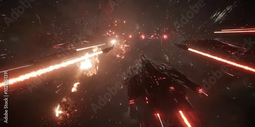 Epic space battle with futuristic spaceships firing luminous lasers in deep space.