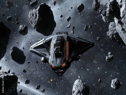 A sleek, futuristic spaceship navigates through an asteroid field in deep space.