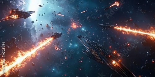 Epic space battle with futuristic spaceships firing lasers amidst a field of asteroids.