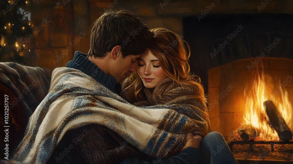A young couple sharing a tender moment, wrapped in a warm blanket, set against a cozy fireplace
A young couple sharing a tender moment, wrapped in a warm blanket, set against a cozy fireplace