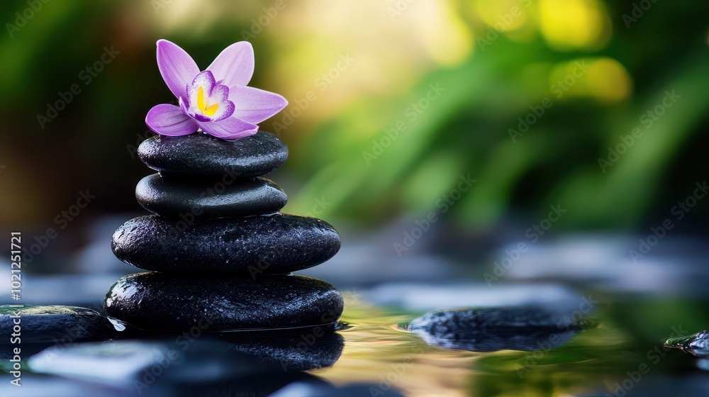 Stacked stones with a pink flower, peaceful nature setting, calm and tranquil ambiance, green background. Stacked stones with a pink flower, peaceful nature setting, calm and tranquil ambiance, green background.