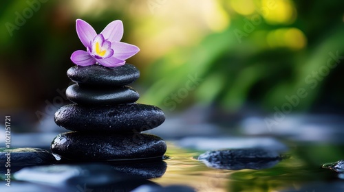 Stacked stones with a pink flower, peaceful nature setting, calm and tranquil ambiance, green background.