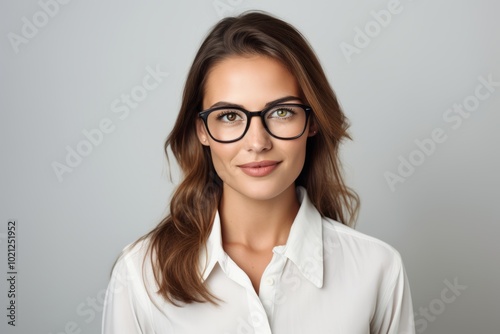 Portrait of young business woman in eyeglasses on grey background