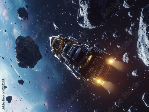 Futuristic spaceship navigates through an asteroid field in deep space, with glowing engines and starlit backdrop.