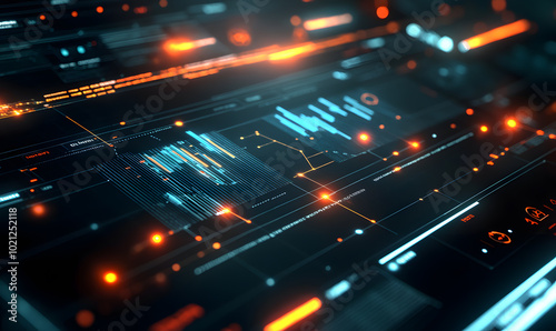Futuristic financial dashboards and luxury business charts with glowing neon lines  gold accents  and connected nodes for corporate branding.