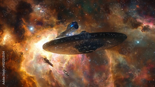 Futuristic spaceship navigating through vivid, colorful nebula in deep space.