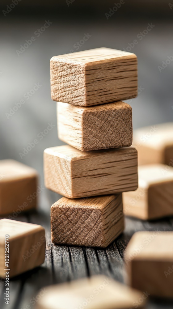 Wooden building blocks stacked creatively, showcasing balance and design against a rustic textured background. Wooden building blocks stacked creatively, showcasing balance and design against a rustic textured background.