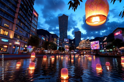 3D-rendered depiction of a glowing city street filled with vibrant light displays and floating lanterns during the Festival of Lights, with detailed textures and lighting effects