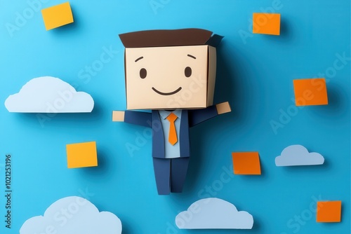 In this vibrant and surreal scene, a charming box-headed character flies freely amid clouds, wearing a suit and an expression of happiness, embodying whimsy and creativity. photo